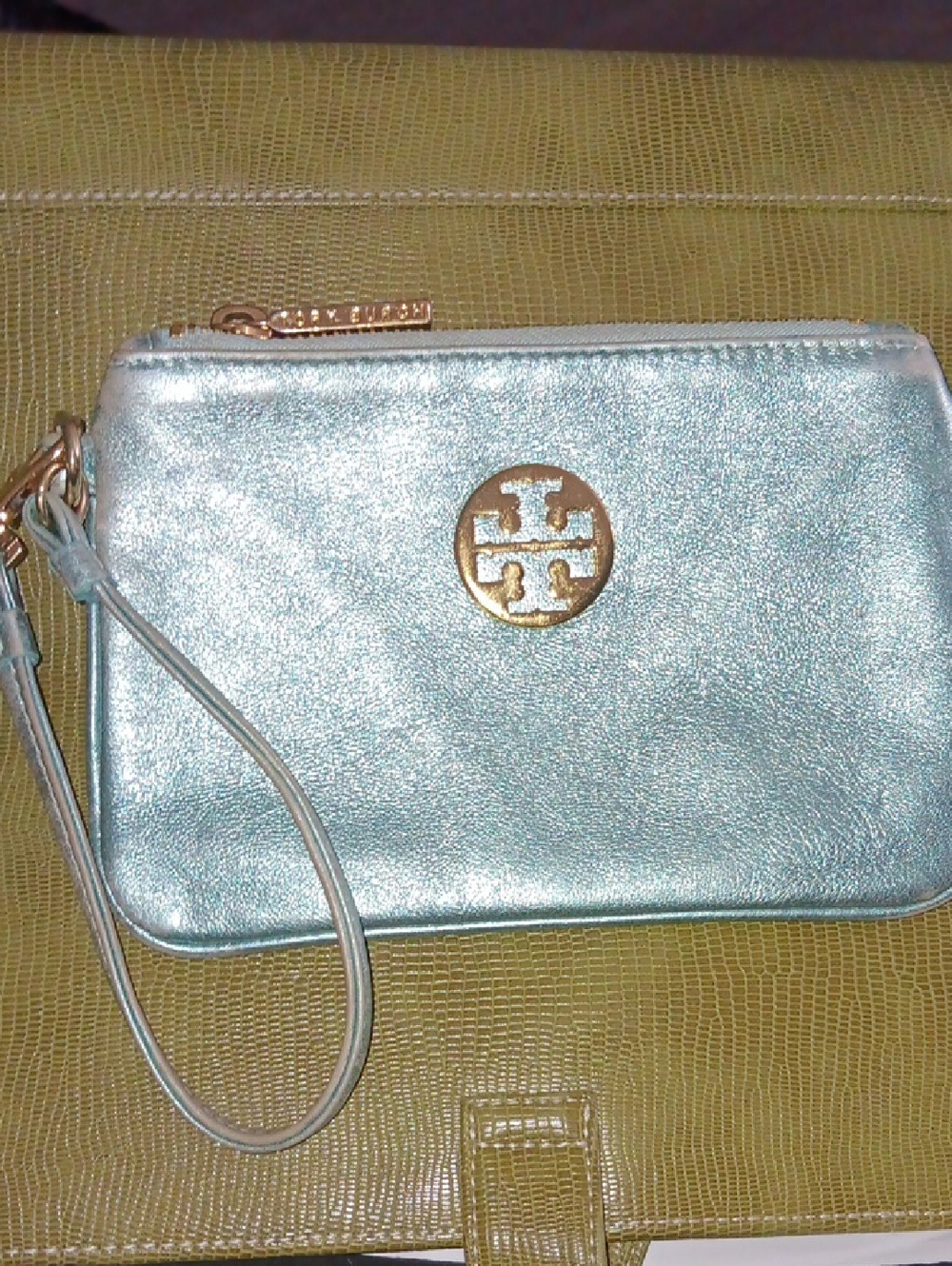 Tory Burch Metallic Aqua Wristlet with Gold Logo